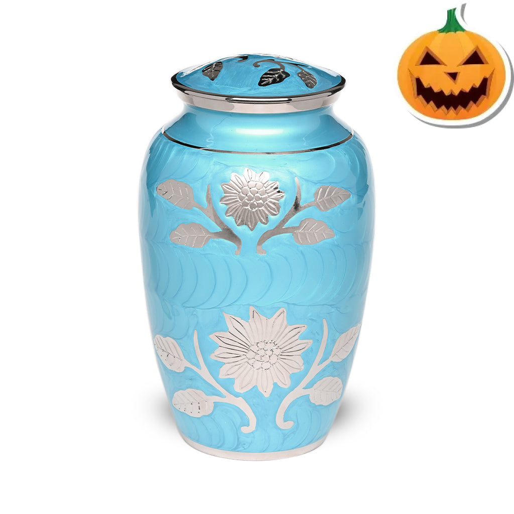 ADULT Brass urn -1500- Florentine Corn Flower Design Turquoise