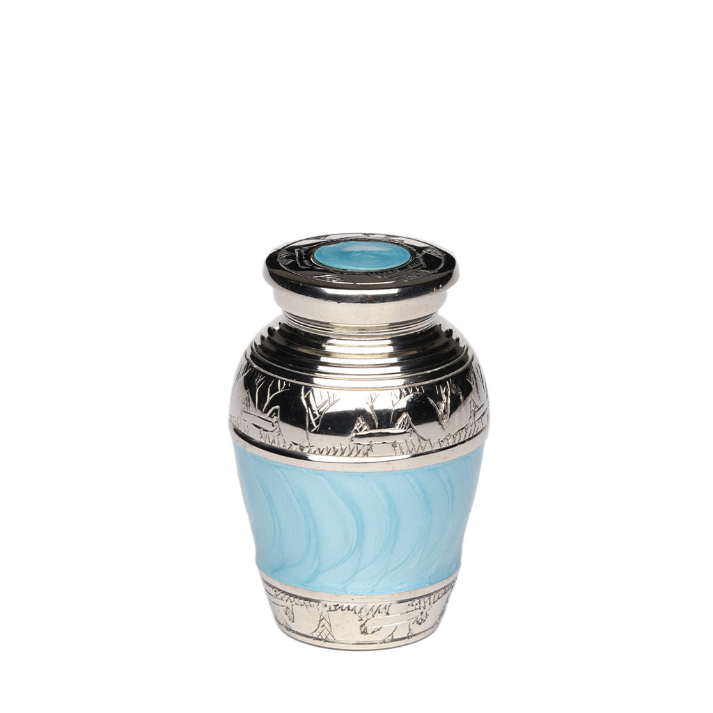 KEEPSAKE Nickel Plated Brass Urn -1528- Fleur-de-Lis Turquoise