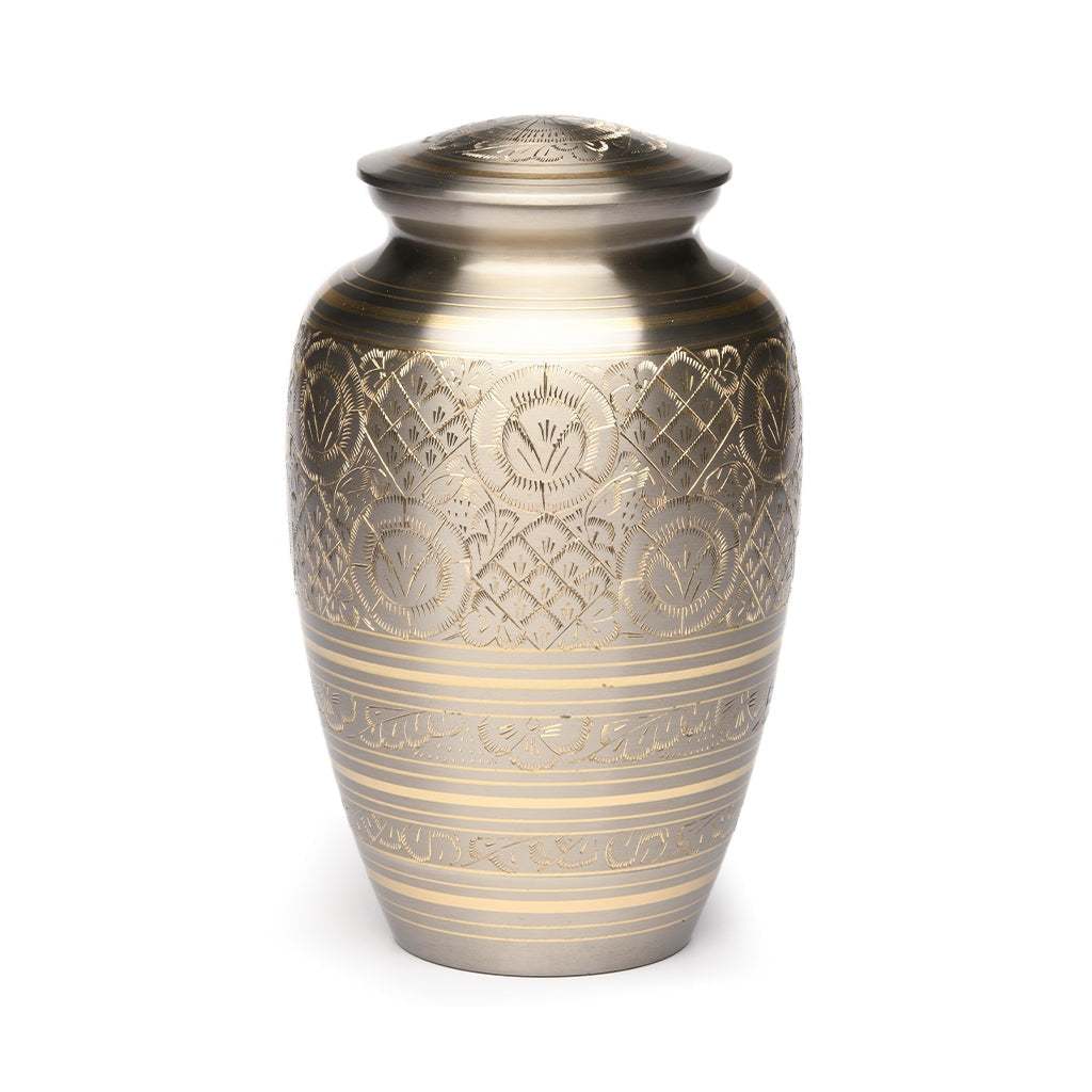 IMPERFECT SELECTION - ADULT -1575- Brass Urn - Hand Etched - Platinum & Gold