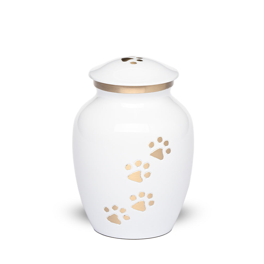 SMALL Brass Pet Urn -"Paws to Heaven" White-Gold