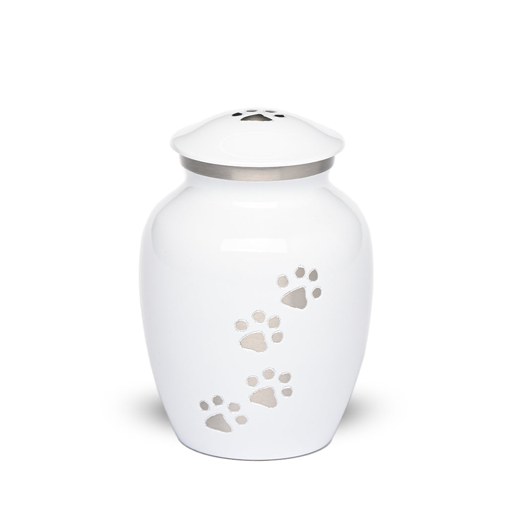 SMALL Brass Pet Urn -"Paws to Heaven" White-Silver