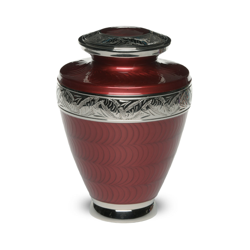 ADULT Brass Urn -1964- Enamel Overlay - Silver-tone bands Red