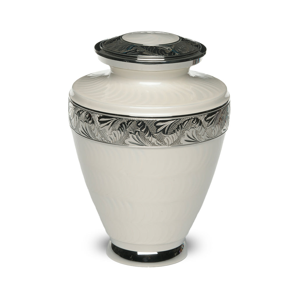 ADULT Brass Urn -1964- Enamel Overlay - Silver-tone bands White