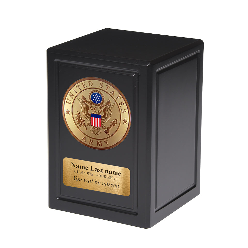 ADULT - Cherry Wood Urn -AW04- Black with MIlitary Emblem and Optional Plate Army