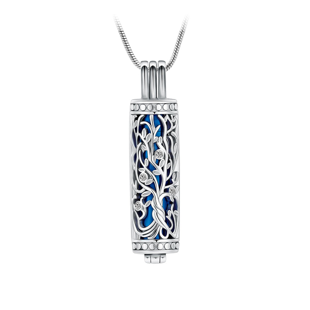 J-2070 - Ornate Cylinder Vines And Flowers Pendant With Chain Blue