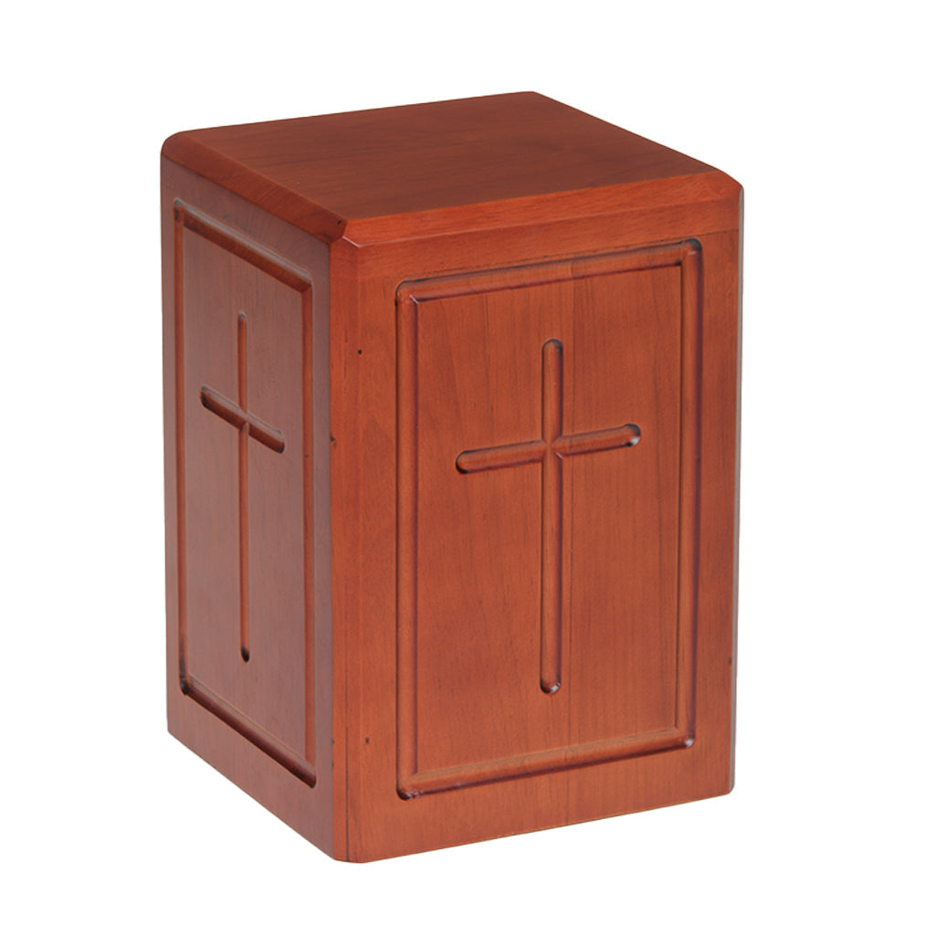 IMPERFECT SELECTION - ADULT - Rubberwood Tower Urn -720- Border and Cross - Cherry - Case of 4