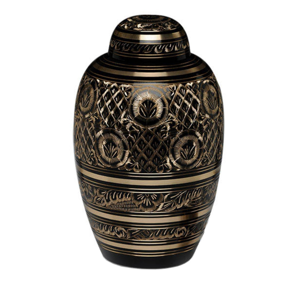 CLEARANCE - ADULT – Brass Urn -1509- Floral Etched Brass with Dome Top- Black and Gold