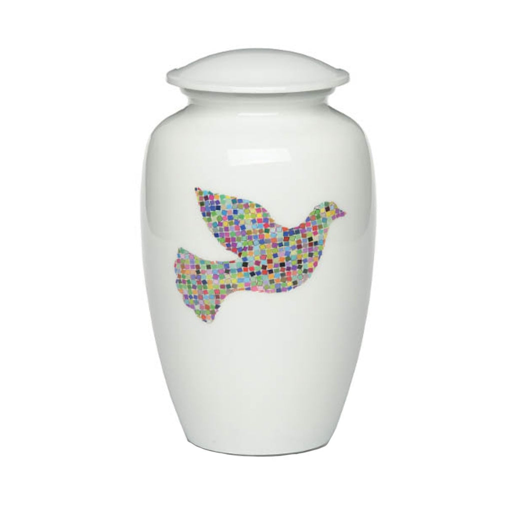 CLEARANCE - ADULT -Classic Alloy Urn -4000– WHITE with MULTICOLORED DOVE