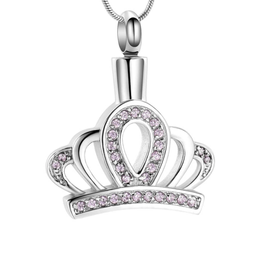 J-117 Silver-tone Crown with Pink Rhinestones - Pendant with Chain