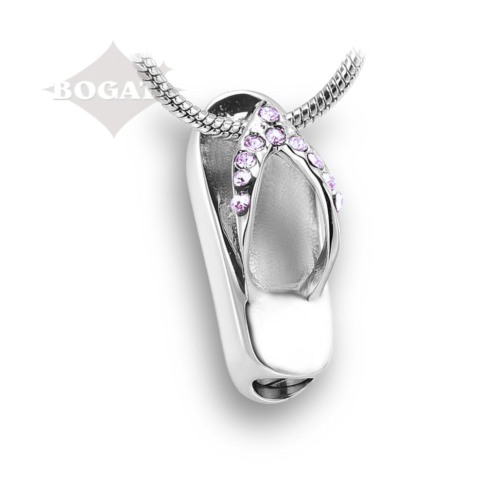 J-164- Flip Flop - Silver-tone with Purple Rhinestones - Pendant with Chain