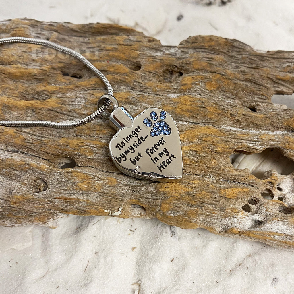 J-325 Paw Print Heart - "No longer by my side..."- Pendant with Chain - Pack of 10 WITH PAW IN BLUE