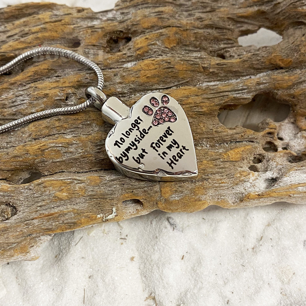 J-325 Paw Print Heart - "No longer by my side..."- Pendant with Chain - Pack of 10 - WITH PAW IN PINK
