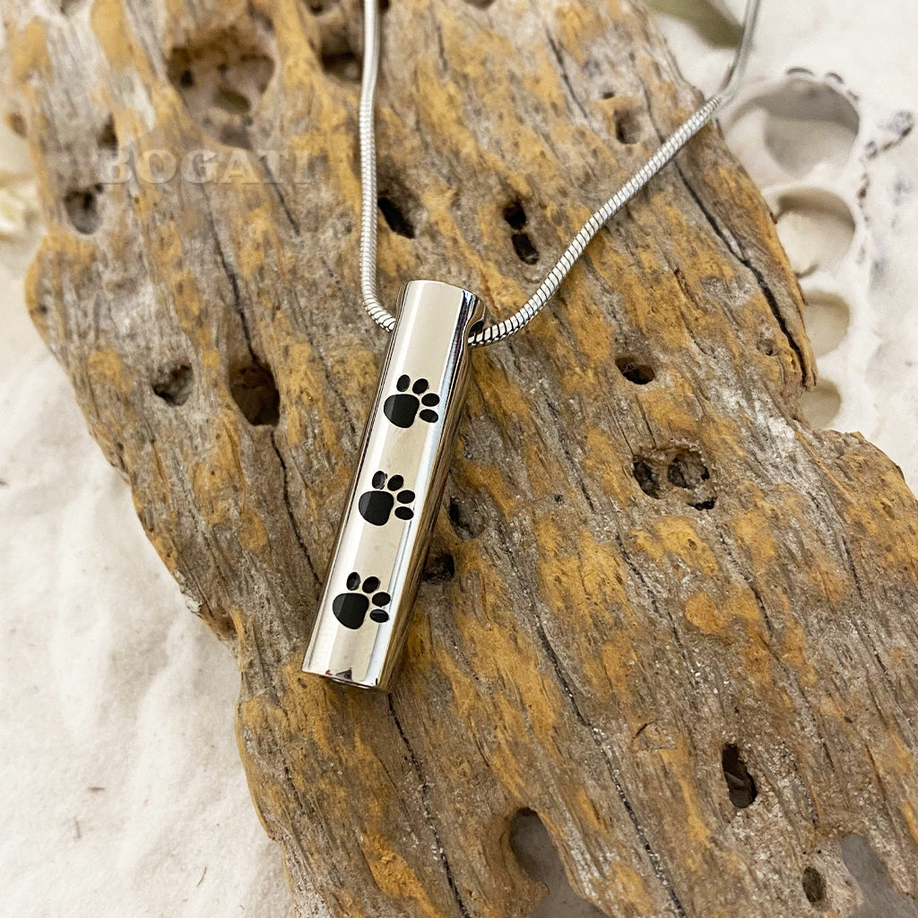 J-473 Cylinder with Three Paw Prints - Cremation Pendant with Chain