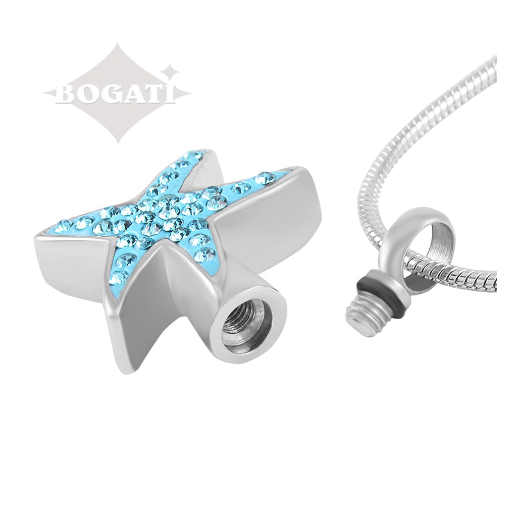 CLEARANCE- J-592 - Silver-tone Starfish with Blue enamel and rhinestones - Pendant with Chain