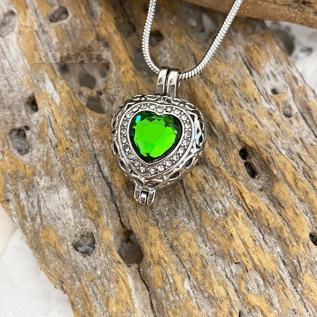 J-806 Silver-tone Heart Locket with Birthstone Simulated Gem