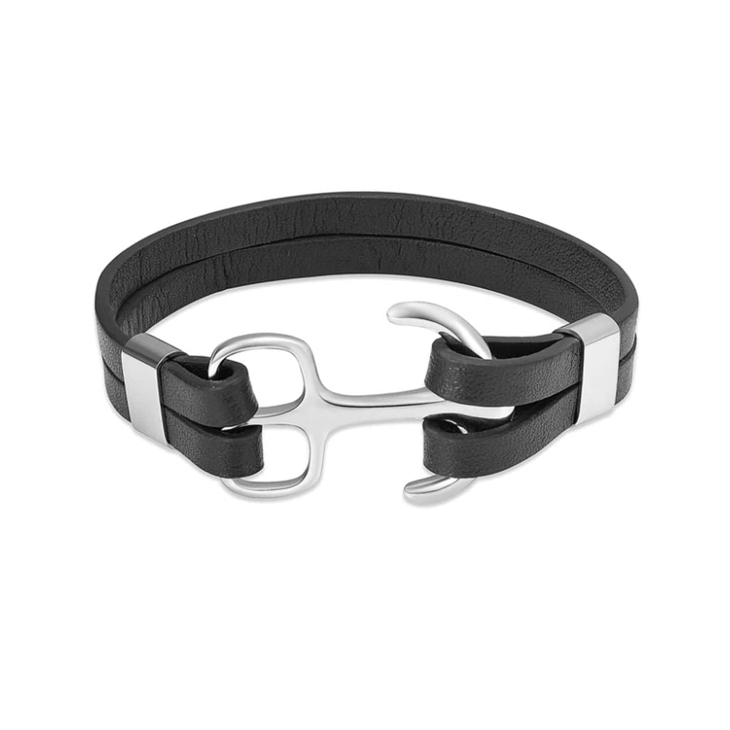 J-BRAC-14 Black Leather Bracelet with Silver Anchor - 7.5"