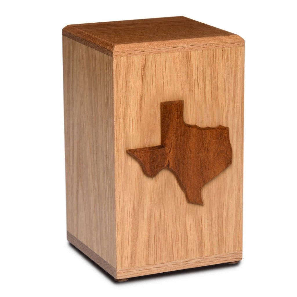 CLEARANCE ADULT Solid Oak Tower Urn with Artisan Applique - State Pride - Texas