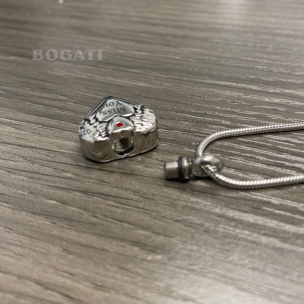 J-060 - “Miss You” Heart with Angel Wings - Silver-tone - Pendant with Chain