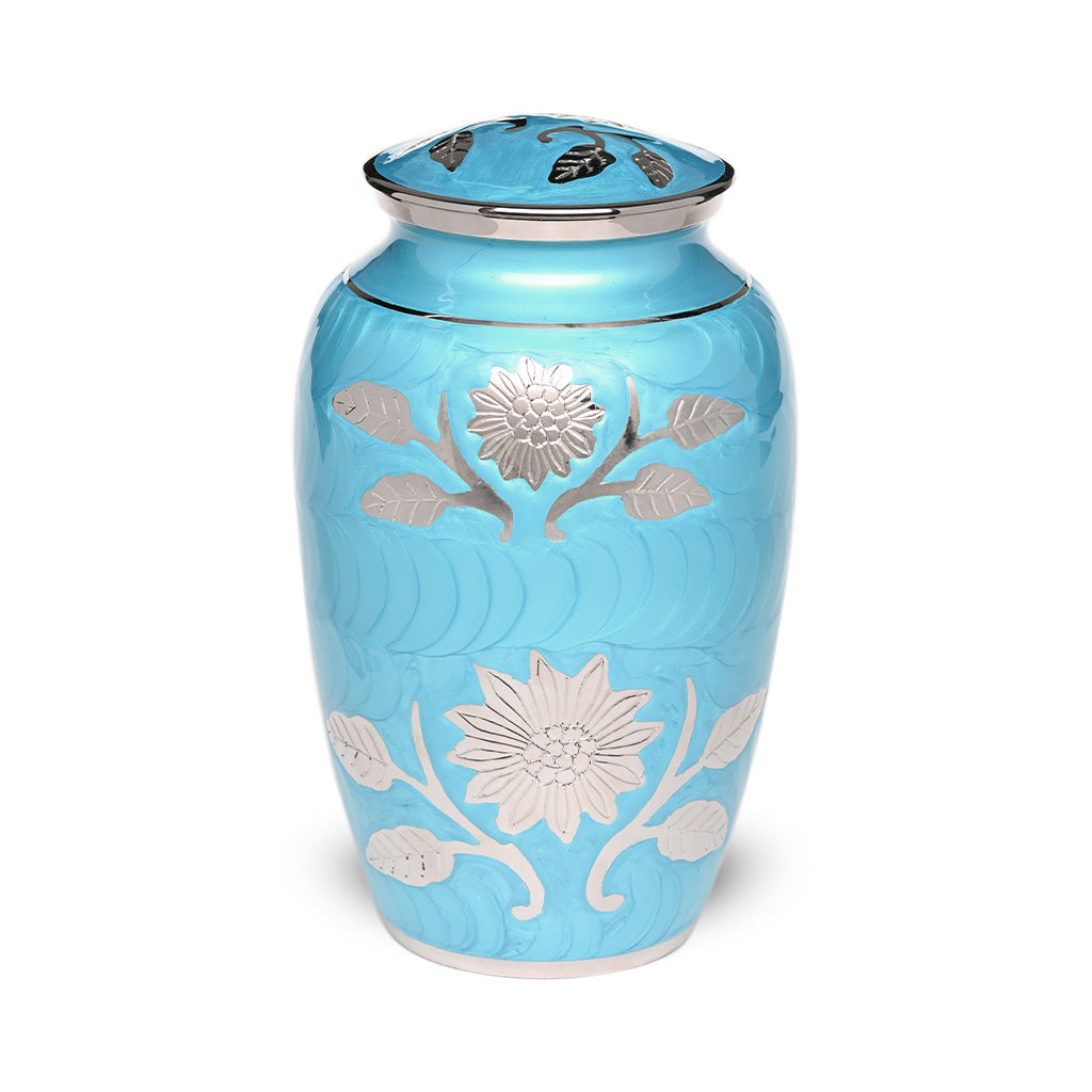 ADULT Brass urn -1500- Florentine Corn Flower Design Turquoise