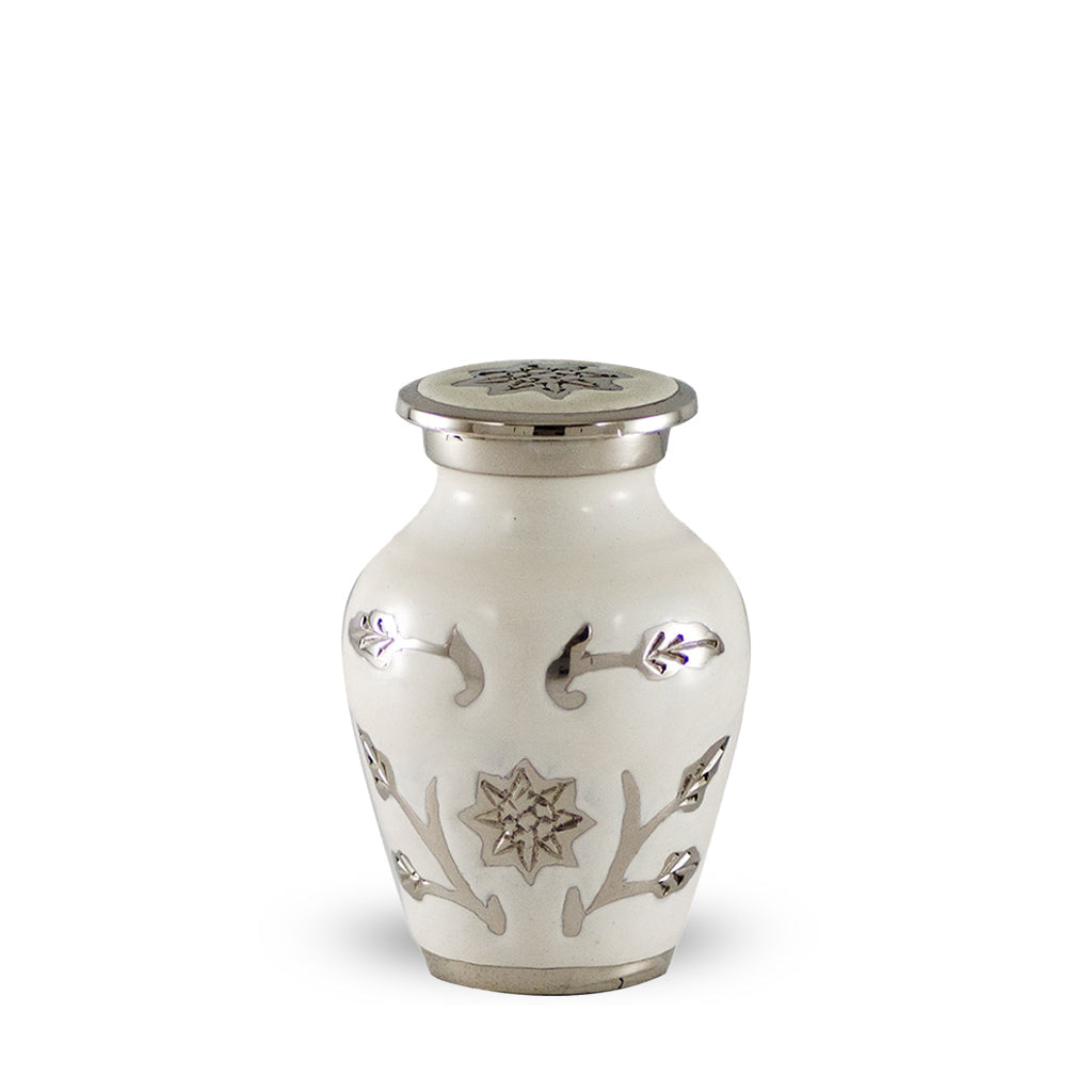 KEEPSAKE Brass urn -1500- Florentine Corn Flower Design White