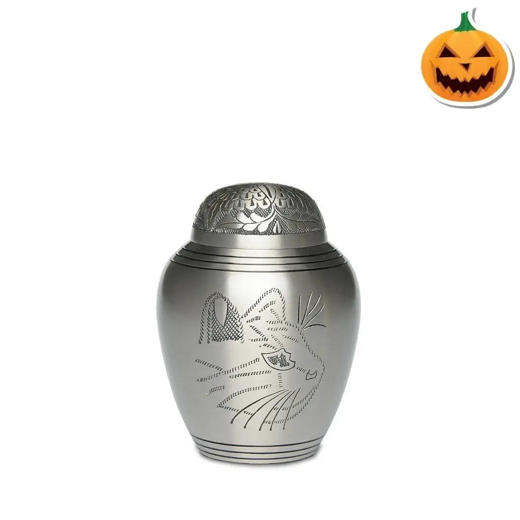 SMALL Brass Urn -1576- Engraved KITTY face Pewter