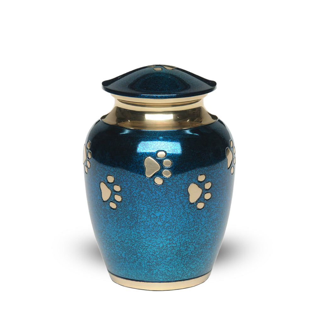 SMALL Brass Pet Urn - "Forever Paw" Blue-Gold