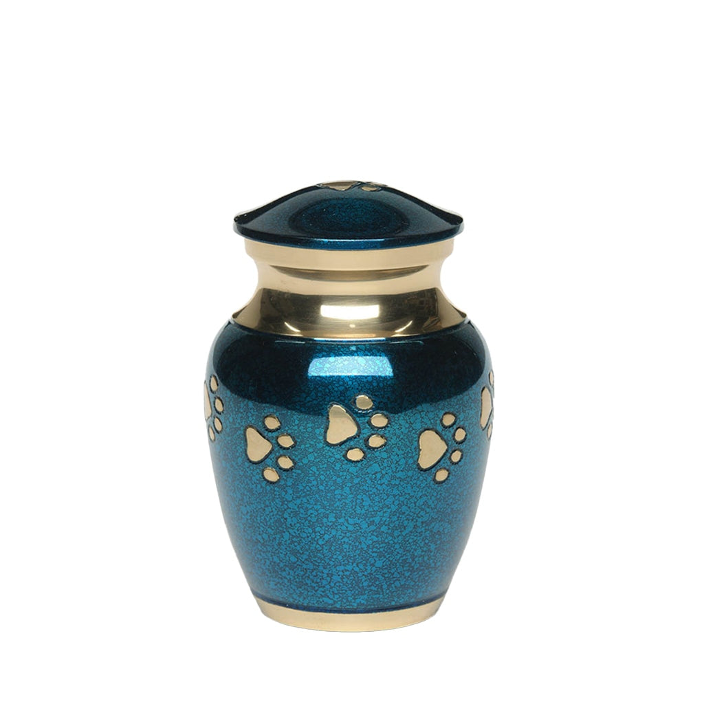 EXTRA SMALL Brass Pet Urn - "Forever Paw" Blue-Gold