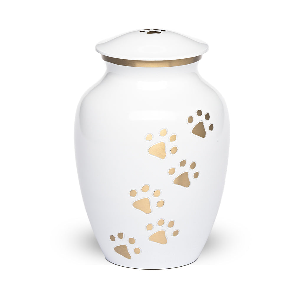 LARGE Brass Pet Urn - "Paws to Heaven" White-Gold