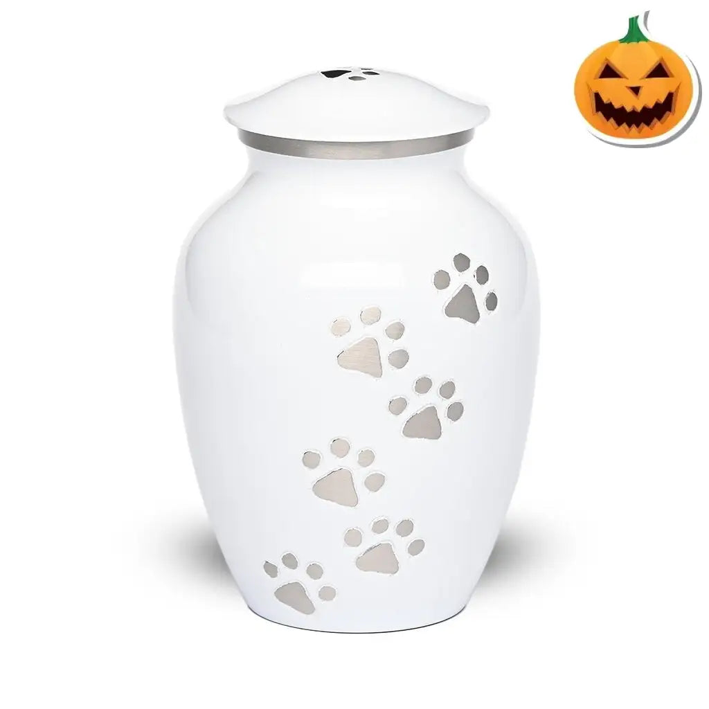 LARGE Brass Pet Urn - "Paws to Heaven" White-Silver