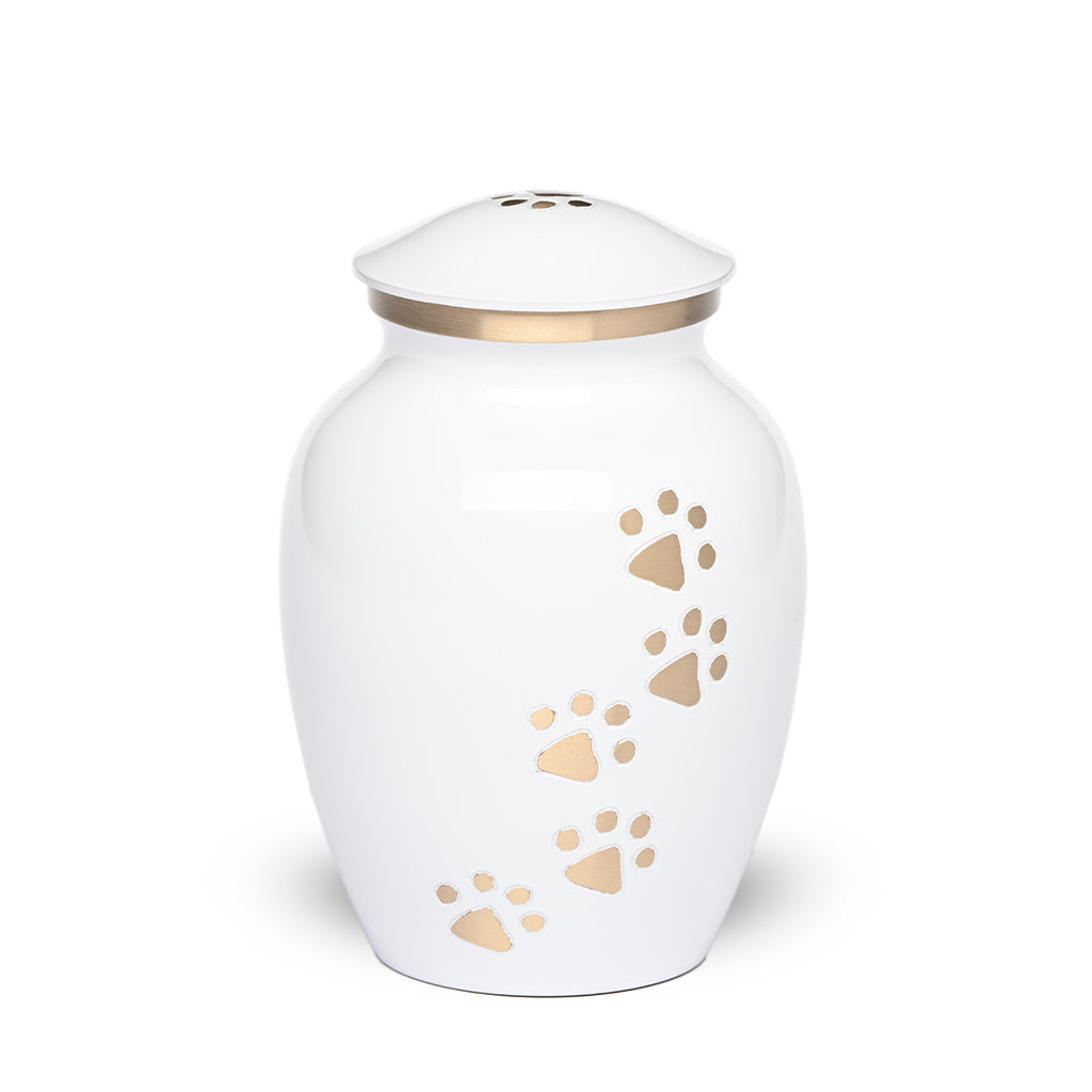 SMALL Brass Pet Urn - "Paws to Heaven" White-Gold
