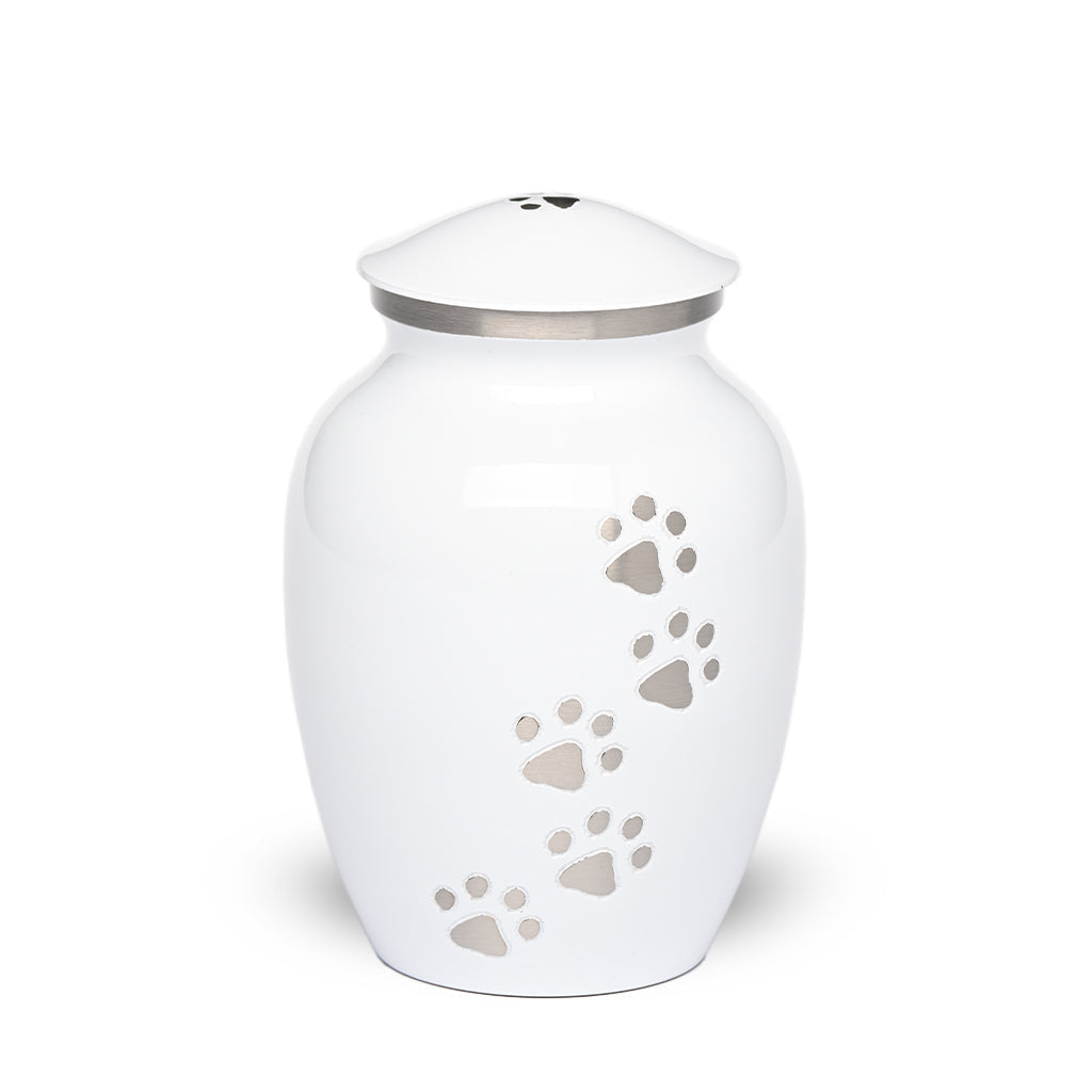 SMALL Brass Pet Urn - "Paws to Heaven" White-Silver