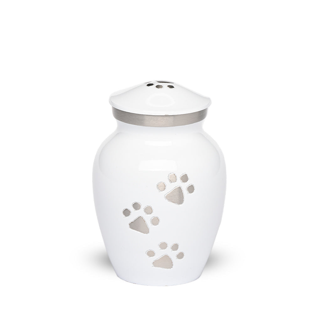 EXTRA SMALL Brass Pet Urn - "Paws to Heaven" White-Silver