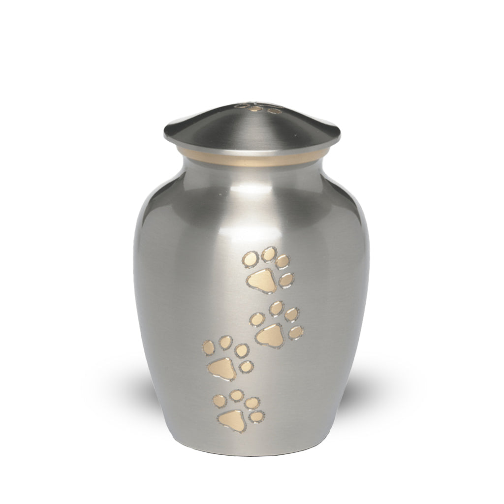 SMALL Brass Pet Urn - "Paws to Heaven" Pewter-Gold