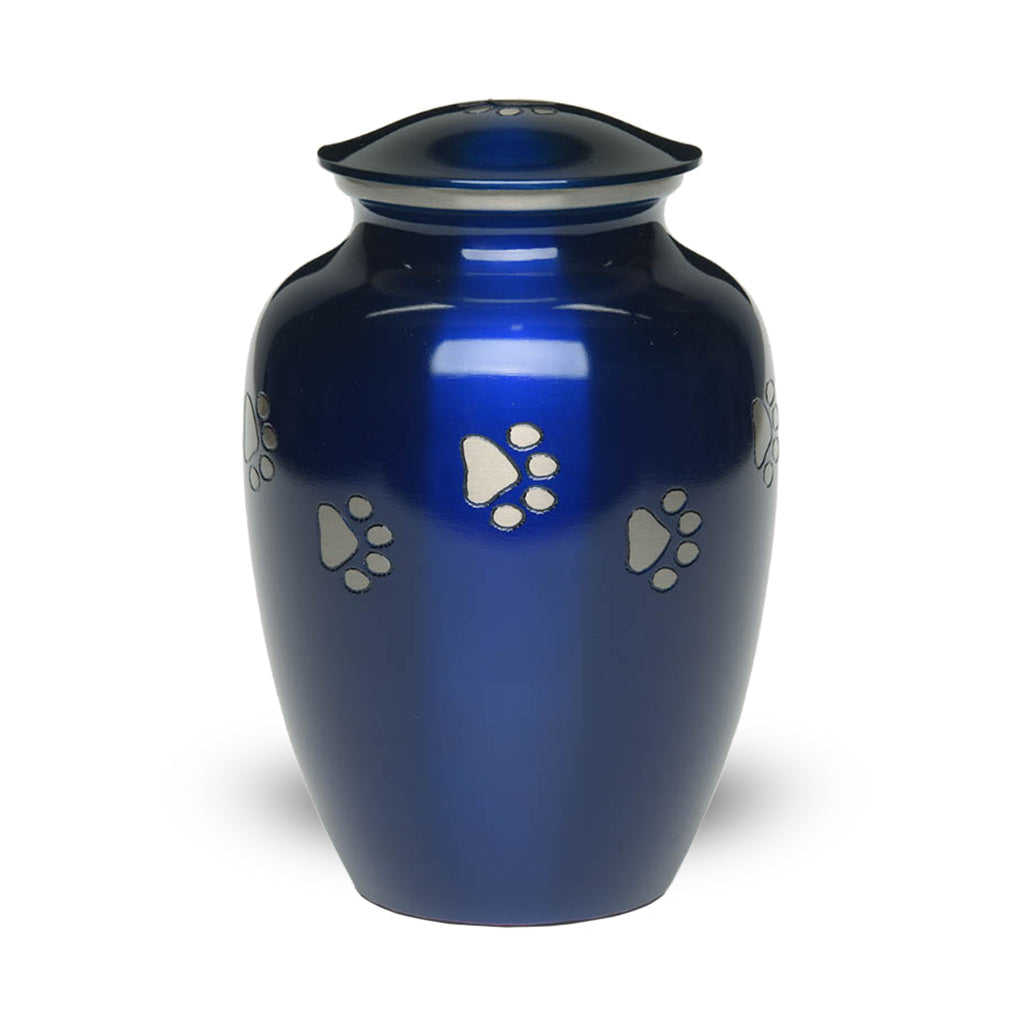 LARGE Brass Pet Urn - "Forever Paw" Blue-Silver