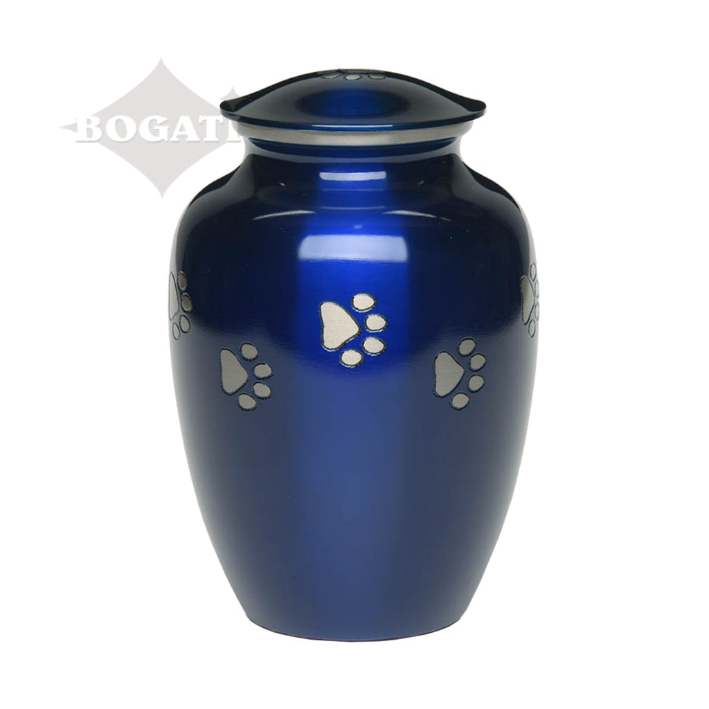 LARGE Brass Pet Urn - "Forever Paw" Blue-Silver