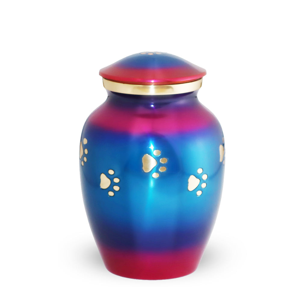 MEDIUM Brass Pet Urn - "Forever Paw" Rainbow Blue