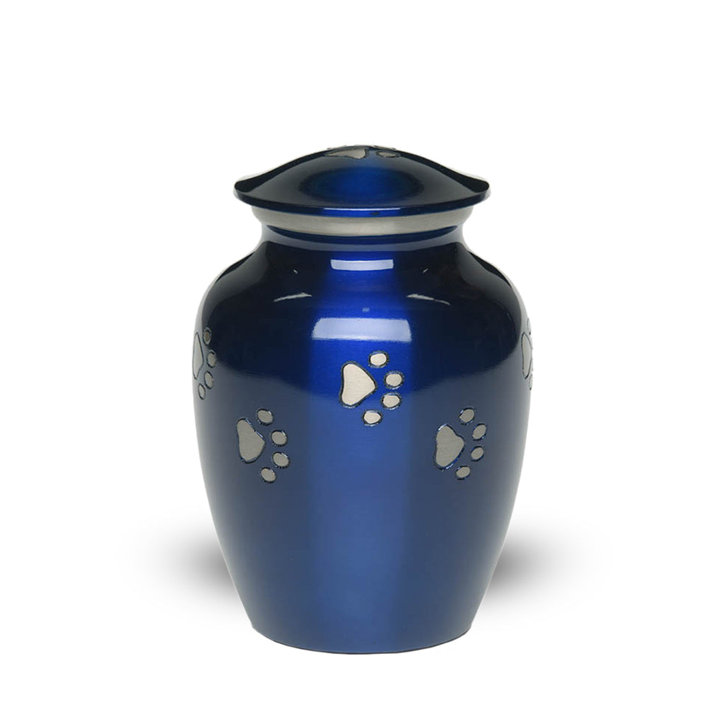 SMALL Brass Pet Urn - "Forever Paw" Blue-Silver