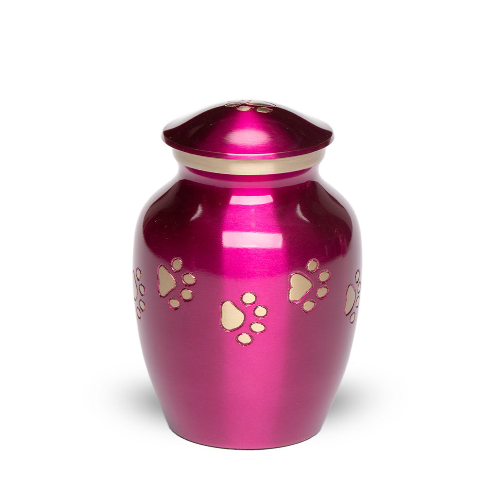 SMALL Brass Pet Urn - "Forever Paw" Magenta-Gold