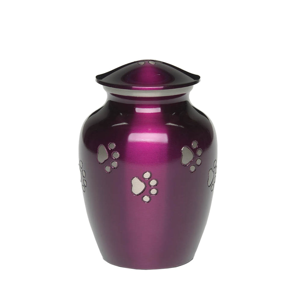 SMALL Brass Pet Urn - "Forever Paw" Purple-Silver