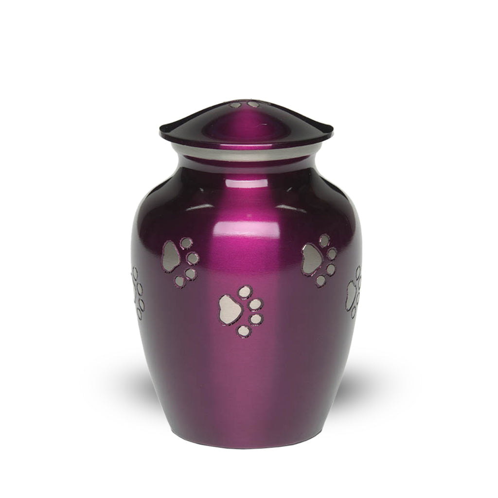 SMALL Brass Pet Urn - "Forever Paw" Purple-Silver