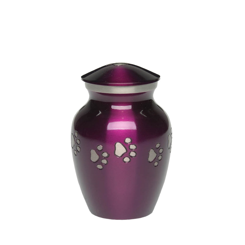 EXTRA SMALL Brass Pet Urn - "Forever Paw" Purple-Silver