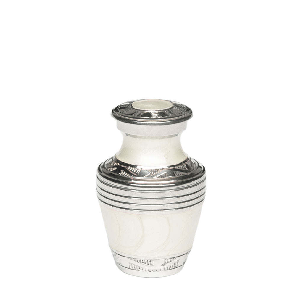 KEEPSAKE Nickel Plated Brass Urn -1963- Enamel finish with Silver Bands White-Silver