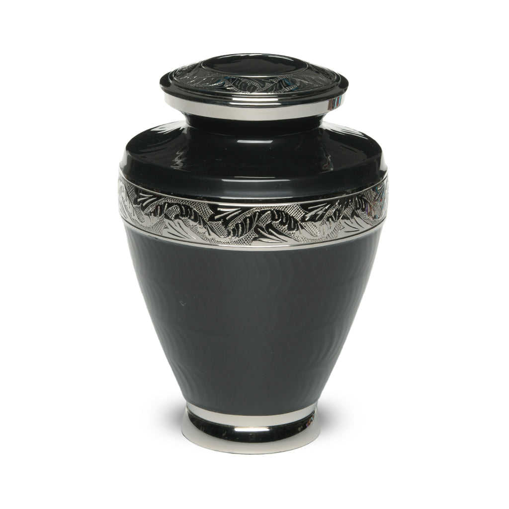 ADULT Brass Urn -1964- Enamel Overlay - Silver-tone bands Charcoal