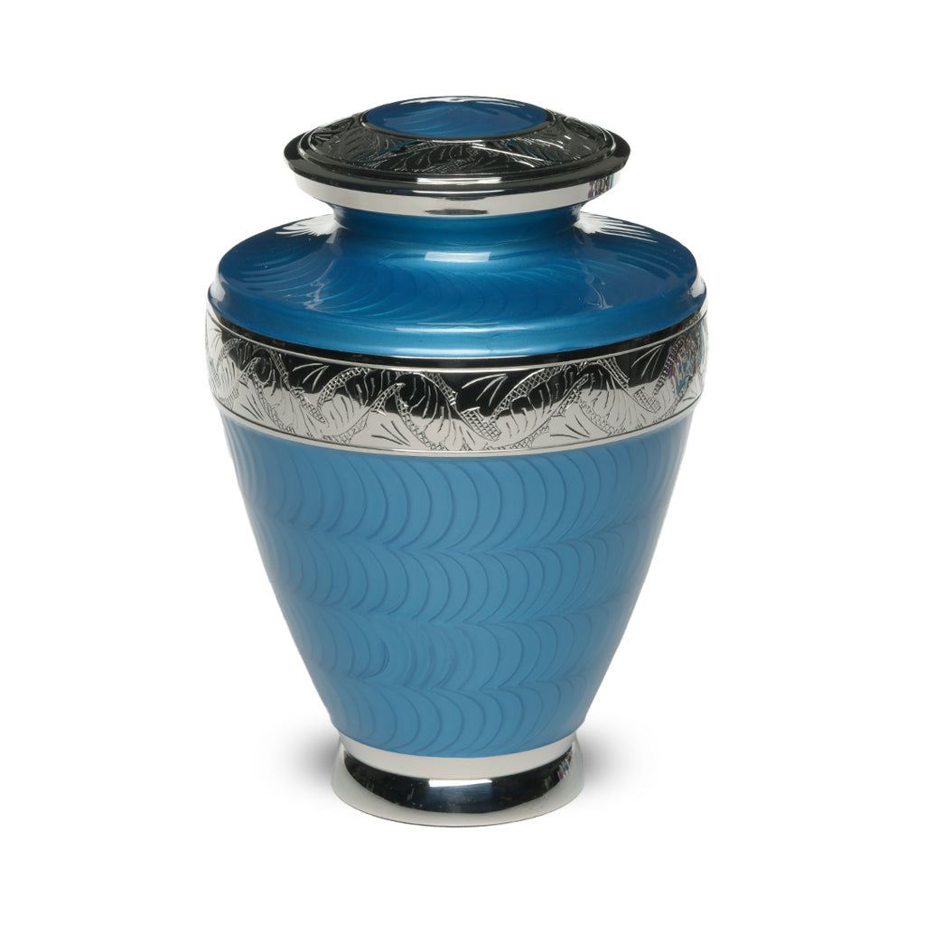 ADULT Brass Urn -1964- Enamel Overlay - Silver-tone bands Dark Blue