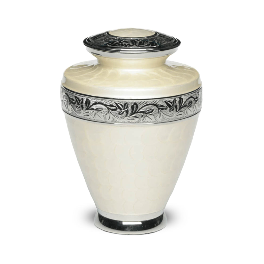 ADULT Brass Urn -1964- Enamel Overlay - Silver-tone bands Ivory