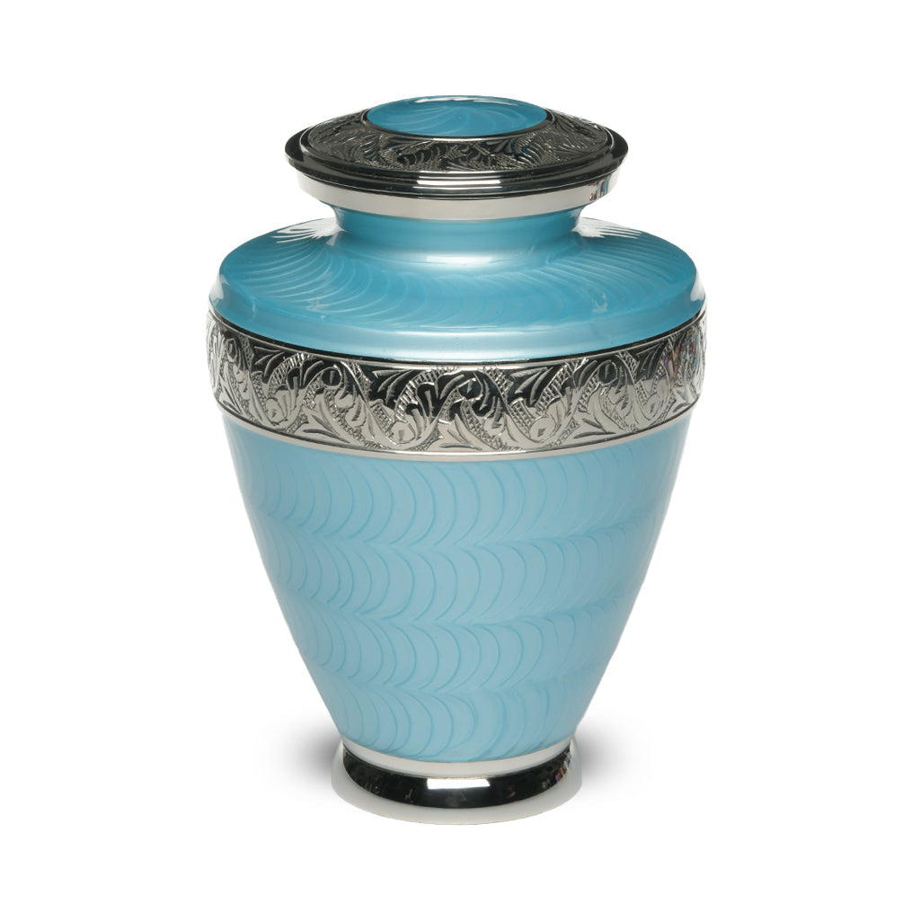 ADULT Brass Urn -1964- Enamel Overlay - Silver-tone bands Light Blue