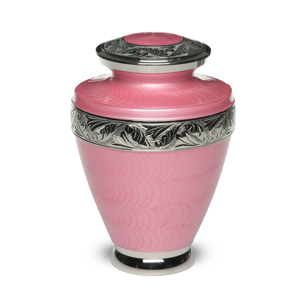 ADULT Brass Urn -1964- Enamel Overlay - Silver-tone bands Pink