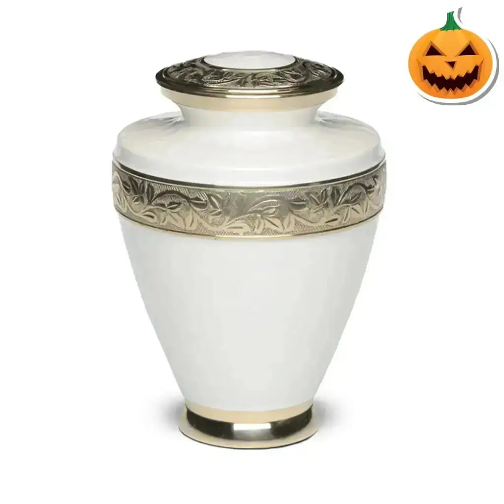 ADULT Brass Urn -1964- Enamel Overlay - Gold-tone bands White