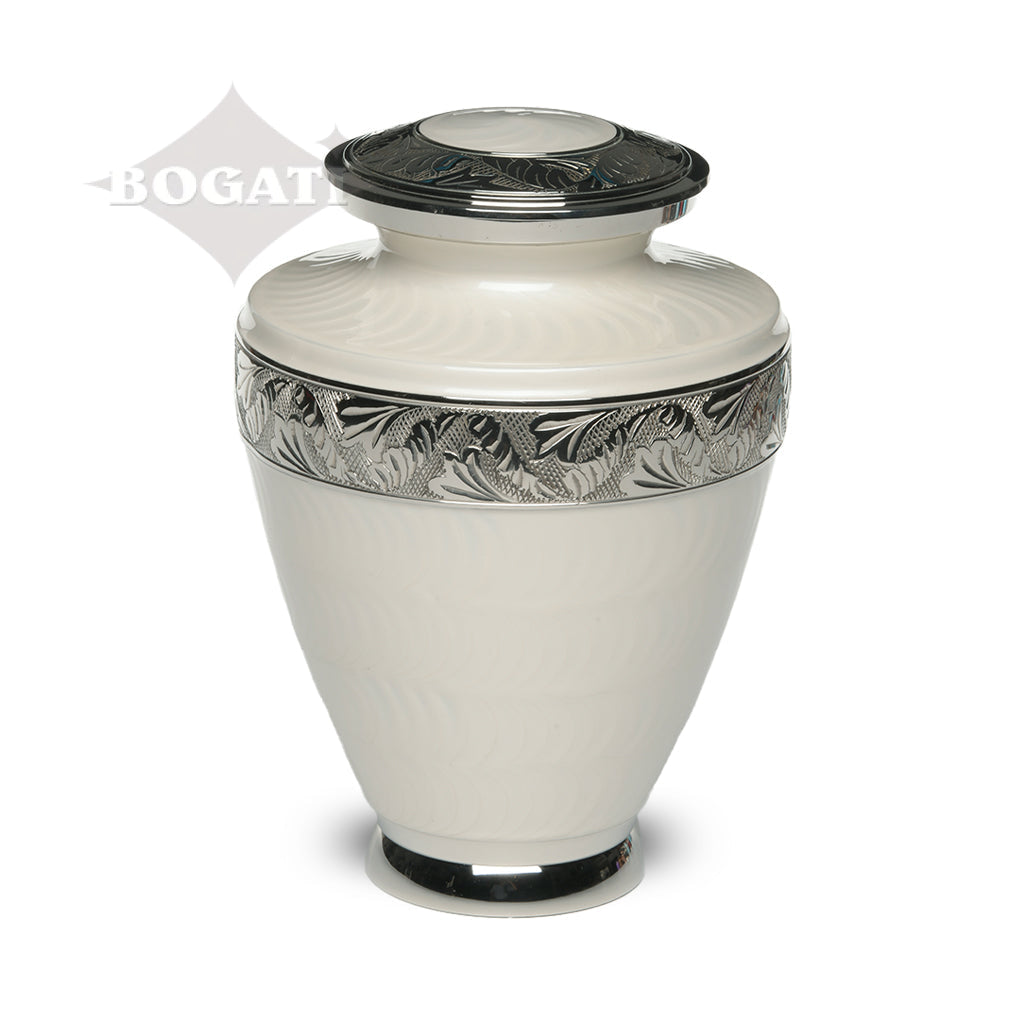 ADULT Brass Urn -1964- Enamel Overlay - Silver-tone bands White