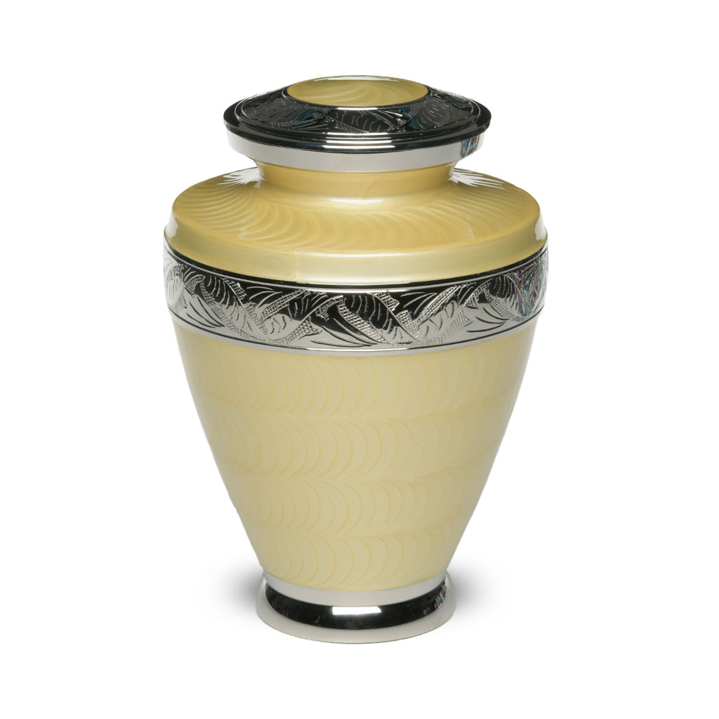 ADULT Brass Urn -1964- Enamel Overlay - Silver-tone bands Yellow